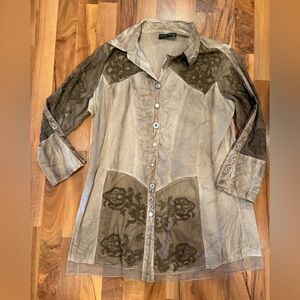 Tango‎ Mango women's tunic top lace embroidered khaki color large 100%cotton